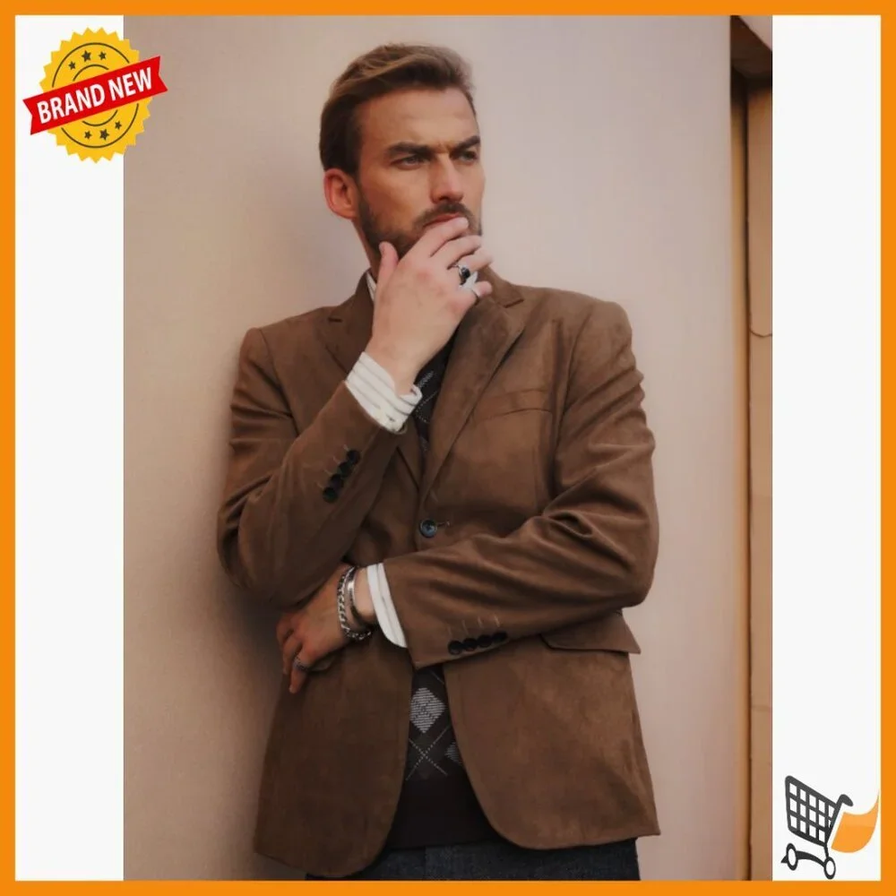 Faux Leather Sport Blazer, Notch Collar, Two-Button Design, Pockets